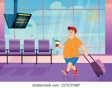 Vector illustration of a traveling young man at the airport terminal with suitcase.