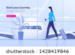 Vector illustration of a traveling young woman at the airport terminal with suitcase and passport with boarding pass tickets.