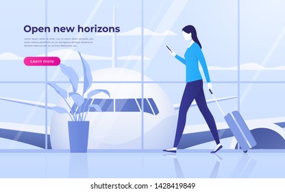 Vector illustration of a traveling young woman with mobile phone and suitcase at the airport terminal.