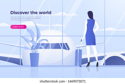 Vector illustration of a traveling young woman looking at the plane at the airport terminal.