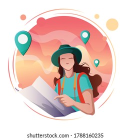 Vector illustration of a traveling young woman with map.
