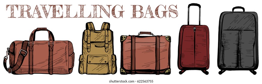 Vector illustration of travelling bags set isolated on white: duffel bag, backpack, vintage leather suitcase, modern big and small suitcases. 