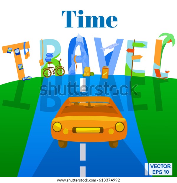 Vector illustration. Travelling by car.\
The car is driving along the road. Time for\
travel