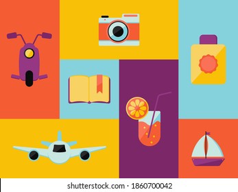 Vector Illustration. Travelling icons set, such as: moto scooter, book, cocktail, plane, ship, camera, suncream
