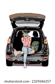  vector illustration of travelling woman sitting in car with camera