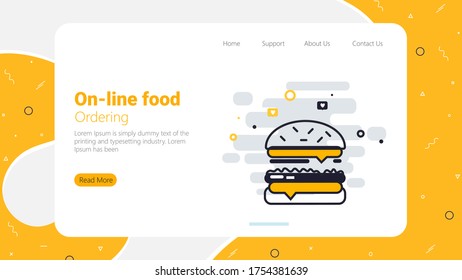 Vector illustration. Tray with burger, french fries and a drink on the smartphone screen. Design for online food order at home. Fast food. Isometry.
