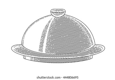Vector illustration of a tray with a cap. Tray waiter painted in the technique of engraving. Tableware, dinner in the restaurant. Dishes.