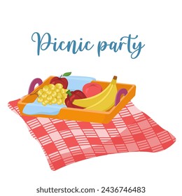 Vector illustration of a tray with picnic food. Colored barbecue card. BBQ elements. Image of vegetables, fruits and picnic tablecloth.