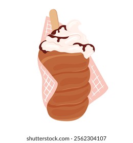 Vector illustration of trdelnik isolated. Traditional spit cake in local market. Hand drawn trdlo with whipped cream. National Czech dessert. European street food. Chimney cake or kurtoskalacs