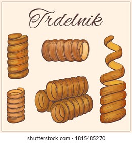 Vector illustration of trdelnik set. Graphic hand drawn color style. Traditional national Czech dessert, European street food.