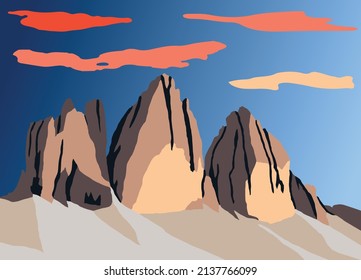 ilustración vectorial Tre cime di Lavaredo con cielo azul, Dolomitas montatai, Italia