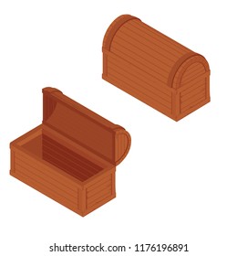 Vector  illustration of treasure chest for animation. Opened  and closed antique box empty. Isolated on white background. Game user interface (GUI) element for video games, computer or web design.