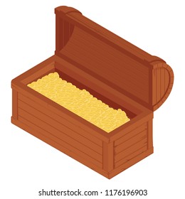 Vector  illustration of treasure chest for animation. Opened antique box full of golden coins. Isolated on white background. Game user interface (GUI) element for video games, computer or web design.