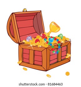 Vector illustration, treasure in a chest, card concept, white background.