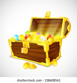 vector illustration of treasure chest full of gold coins and gems