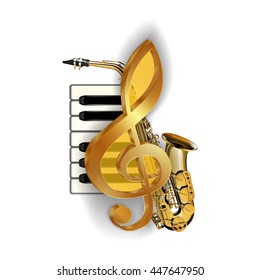 Vector illustration of a treble clef in the background saxophone and piano keys. Isolated objects can be used with any image or text.