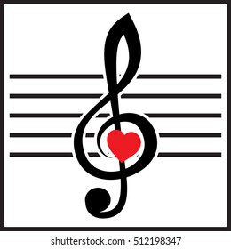 vector illustration with treble clef and heart on white background