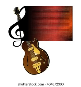 Vector illustration of a treble clef stave flowing in with the jazz guitar. Isolated object on a white background can be used with any image, there is room for text.