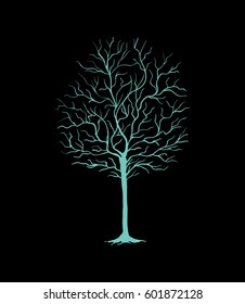 Vector illustration of tree with bare branches
neon blue color and black background, abstract icon, logo