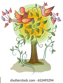 Vector illustration of tree with beatiful colorful happy birds