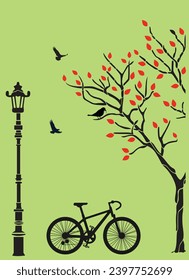 vector illustration of a tree with a bicycle and birds on a green background