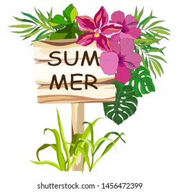 vector illustration, tree board in tropical flowers and leaves, isolate on a white background