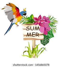 vector illustration, tree board in tropical flowers and leaves, with parrot, isolate on a white background