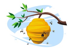 Vector Illustration Of A Tree Branch, With A Bee Hive, Bees Fly