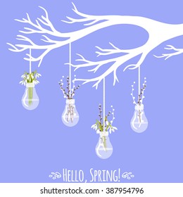 Vector illustration with tree branch, bulb, pussy willow and snowdrops in flat style. Design for womens day or birthday card.