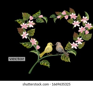 Vector illustration of a tree branch with flowers in the form of a heart and two small birds