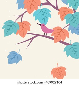 Vector illustration of tree branch with leaves and bird.