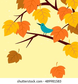 Vector illustration of tree branch with leaves and bird.