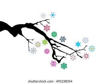 vector illustration of a tree branch with snowflakes