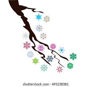 vector illustration of a tree branch with snowflakes