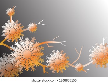 Vector illustration of the tree branches and abstract flower hanging on them. Dark and bright gradient background. Copy space, horizontal composition.