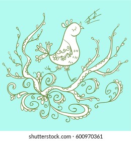 Vector illustration of tree branches with bird on blue background