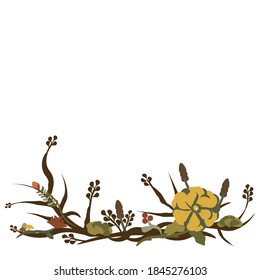 Vector illustration with tree branches, leaves, flowers, moss, cattails, and mushrooms. Decorative branch.