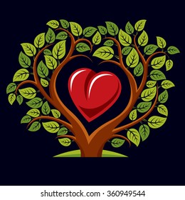 Vector illustration of tree with branches in the shape of heart with an apple inside, love and motherhood idea image. Tree of life theme illustration.