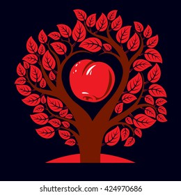 Vector illustration of tree with branches in the shape of heart with an apple inside, love and motherhood idea image. Ecology conservation theme illustration.