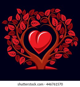 Vector illustration of tree with branches in the shape of heart with an apple inside, love and motherhood idea image. Tree of life theme illustration.