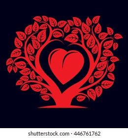 Vector illustration of tree with branches in the shape of heart with an apple inside, love and motherhood idea image. Tree of life theme illustration.