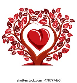 Vector illustration of tree with branches in the shape of heart with an apple inside, love and motherhood idea image. Tree of life theme illustration.