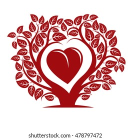 Vector illustration of tree with branches in the shape of heart with an apple inside, love and motherhood idea image. Tree of life theme illustration.