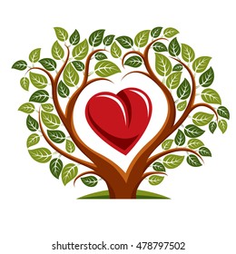 Vector illustration of tree with branches in the shape of heart with an apple inside, love and motherhood idea image. Tree of life theme illustration.