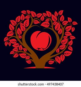 Vector illustration of tree with branches in the shape of heart with an apple inside, love and motherhood idea image. Tree of life theme illustration.