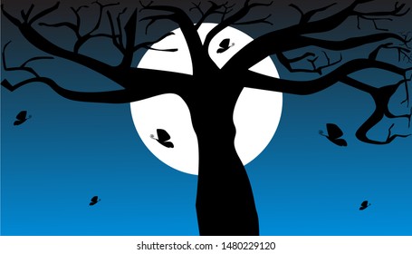 Vector illustration of tree and butterfly silhouettes