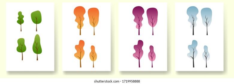 Vector Illustration Tree Collection Summer, Winter, Autumn, Spring. Flat  Design