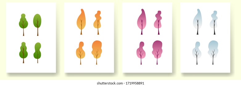 Vector Illustration Tree Collection Summer, Winter, Autumn, Spring. Flat  Design