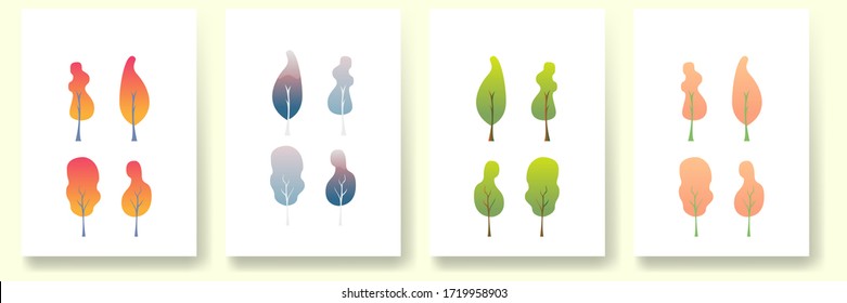 Vector Illustration Tree Collection Summer, Winter, Autumn, Spring. Flat  Design