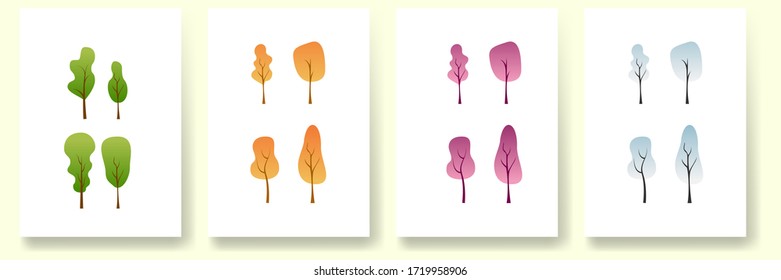 Vector Illustration Tree Collection Summer, Winter, Autumn, Spring. Flat  Design